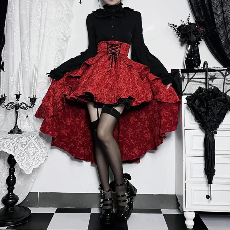 Halloween Gothic Lolita Red And Black Vintage Lolita Set S23061 Red skirt (straps are decorative only) S